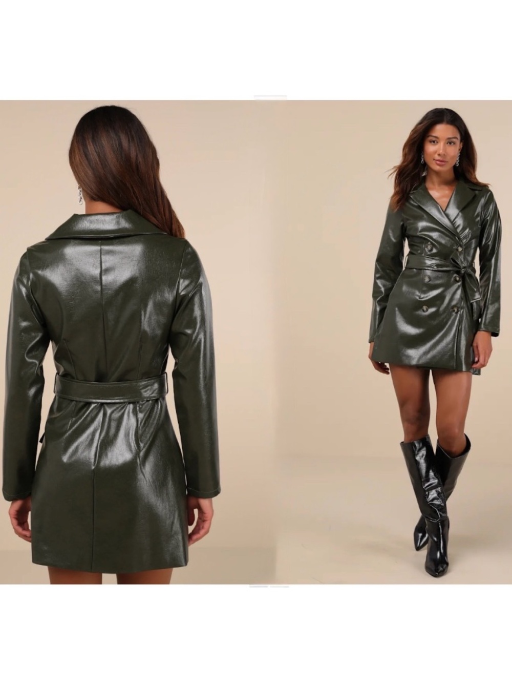 NWT Lulus High-Class Option Dark Olive Faux Leather Trench Dress S